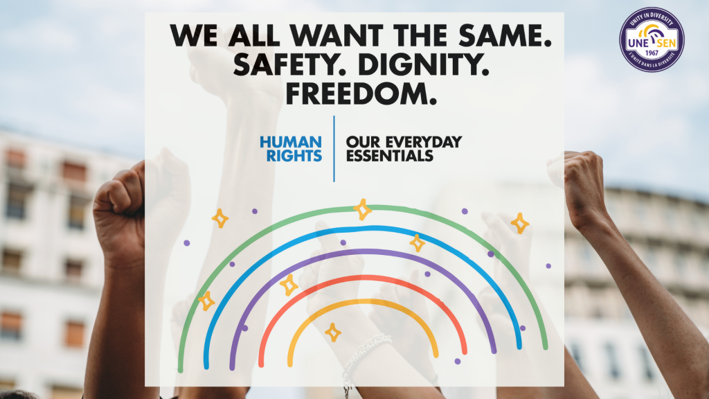 Images of people fists up in the air with the sky as background and the words: we all want the same. Safety. Dignity. Freedom. Human Rights, our everyday essentials.